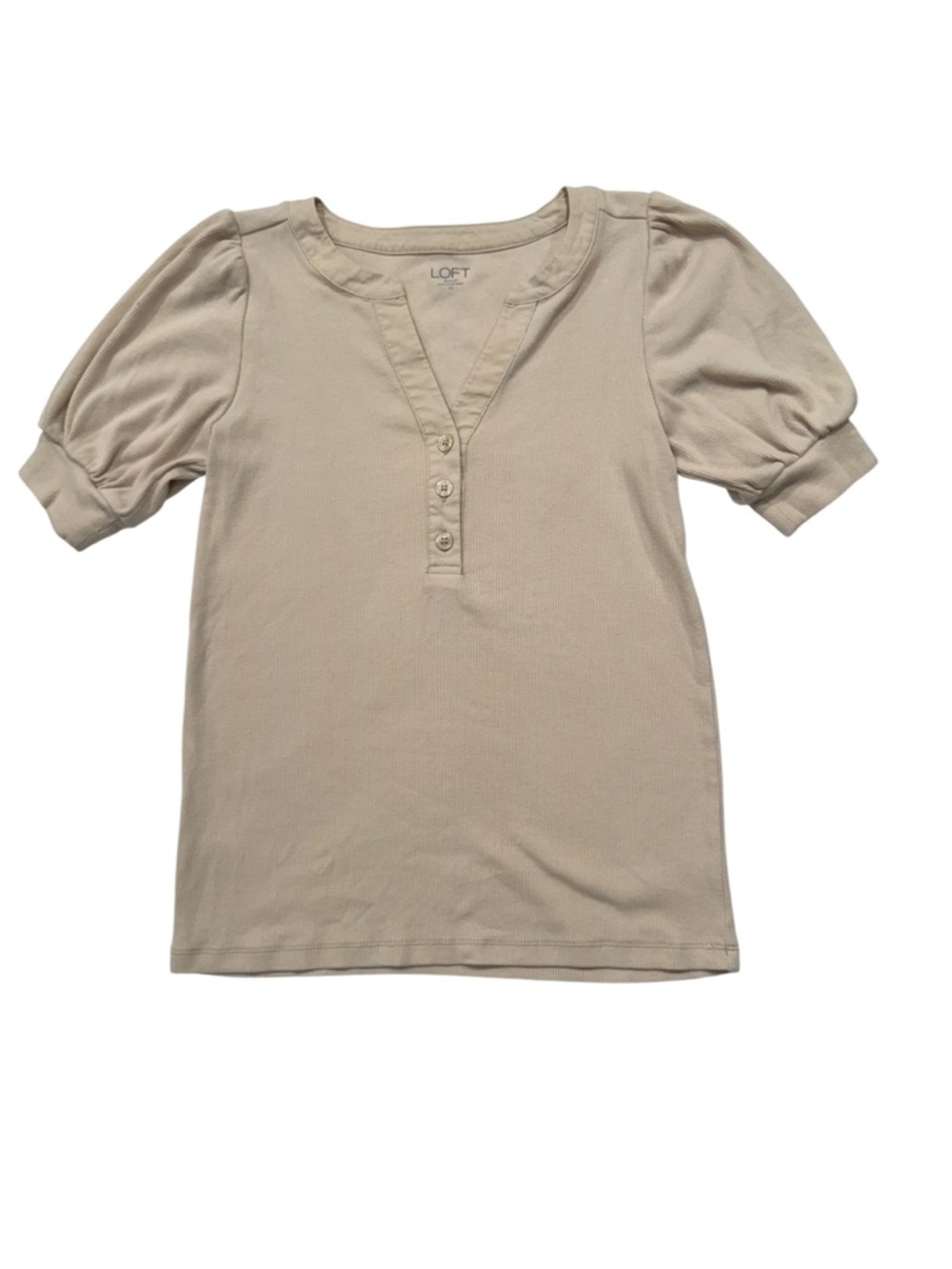 LOFT Puff Sleeve Henley Top in Beige - Size XS